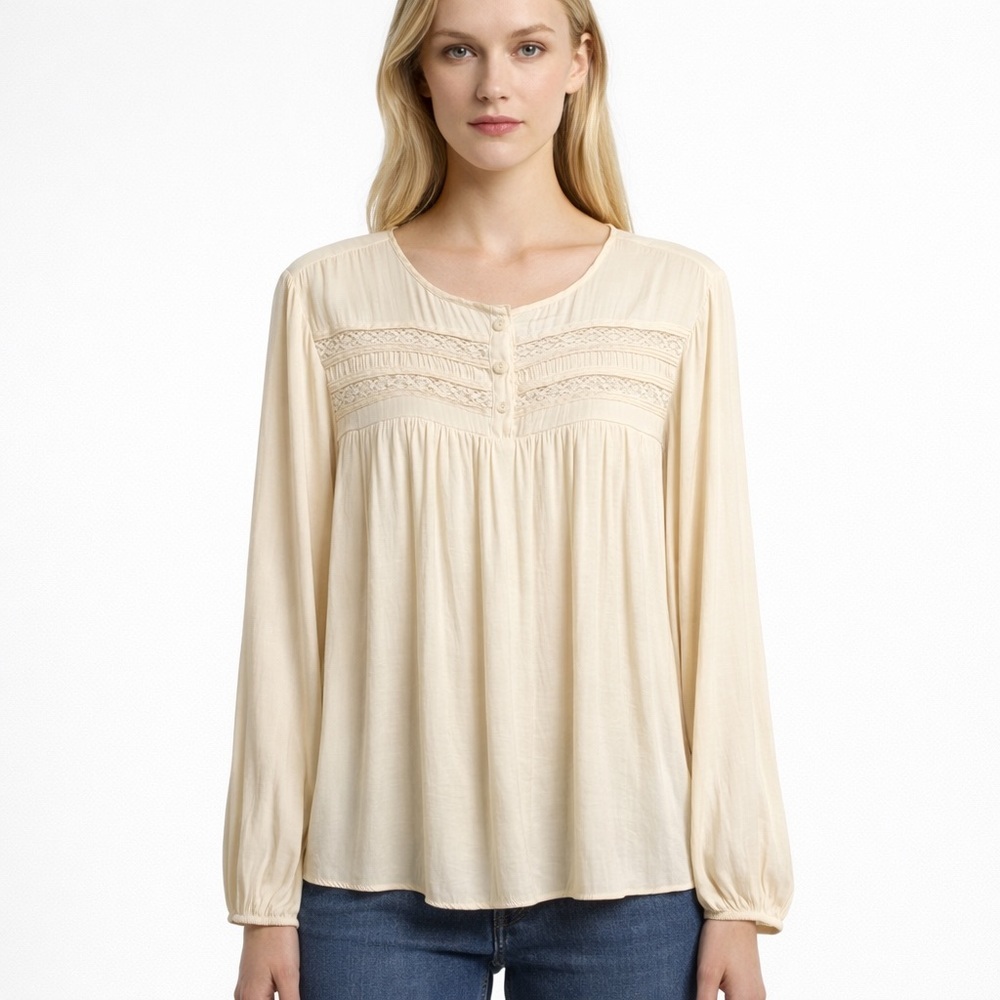 Lauren Conrad Cream Long Sleeve Blouse Boho Bohemian Flowy Sz XL